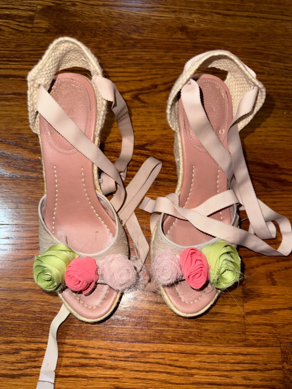 Womens Pink Espadrille Wedge Sandals with Floral Accent